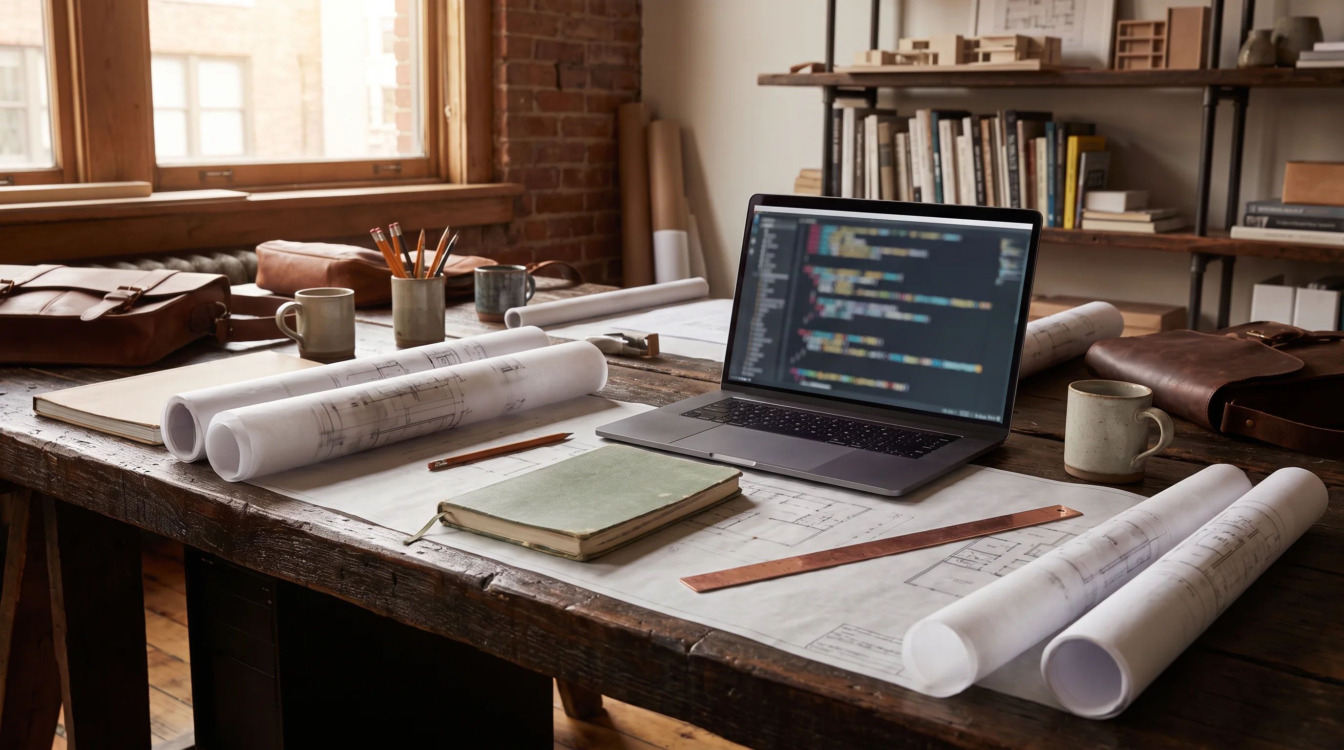 Banco di lavoro con computer, disegni tecnici e strumenti