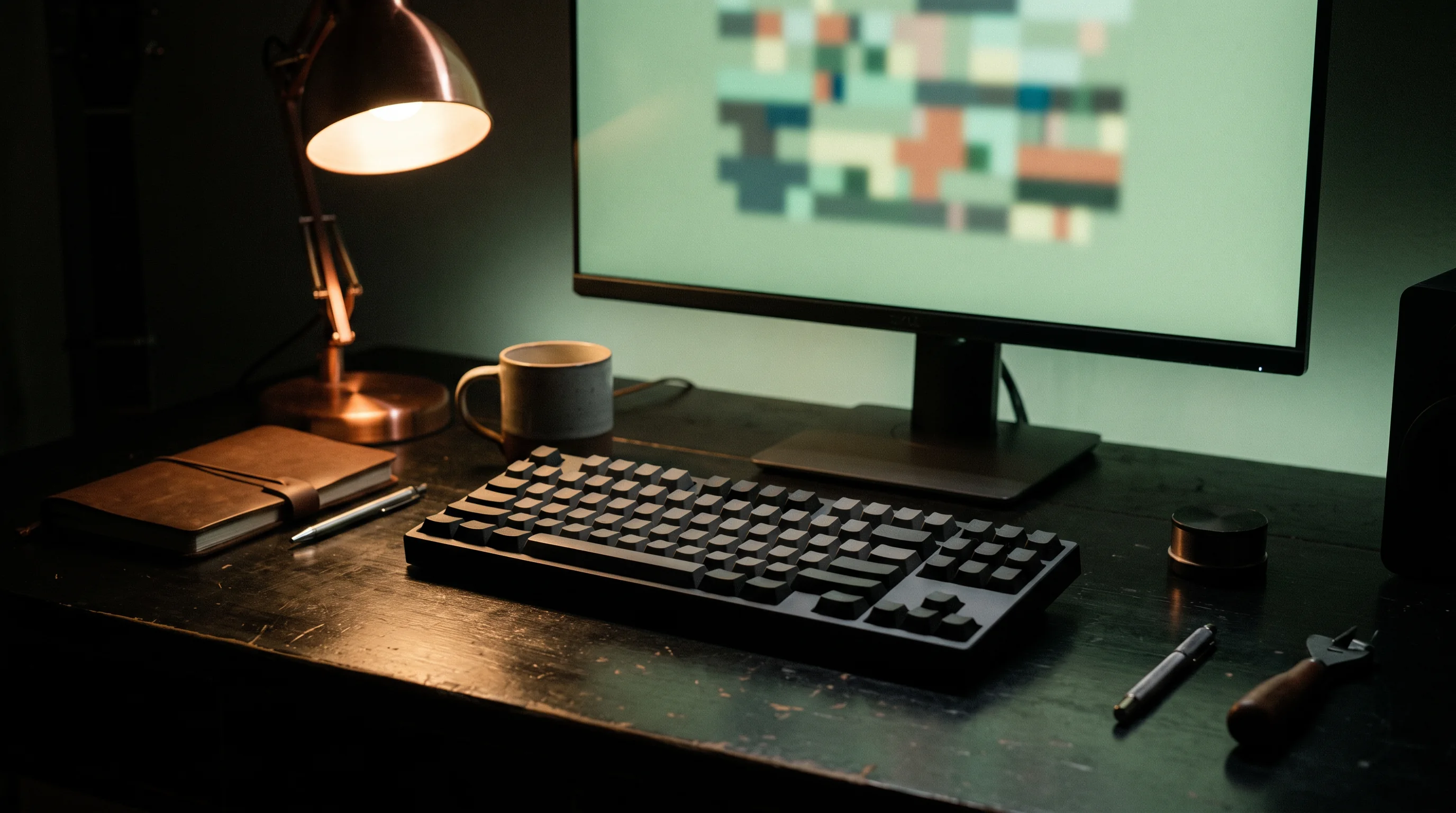 Postazione scura con tastiera e monitor illuminato